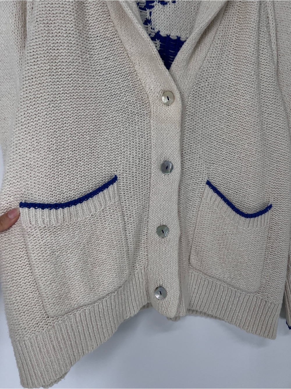 Maeve Cream Blue Lobster Motif Knit V Neck Nautical Beach Cardigan Sweater 1X - Picture 4 of 7